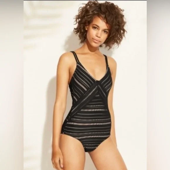 KONA SOL Black striped laser cut one piece swimsuit size M - Picture 1 of 13